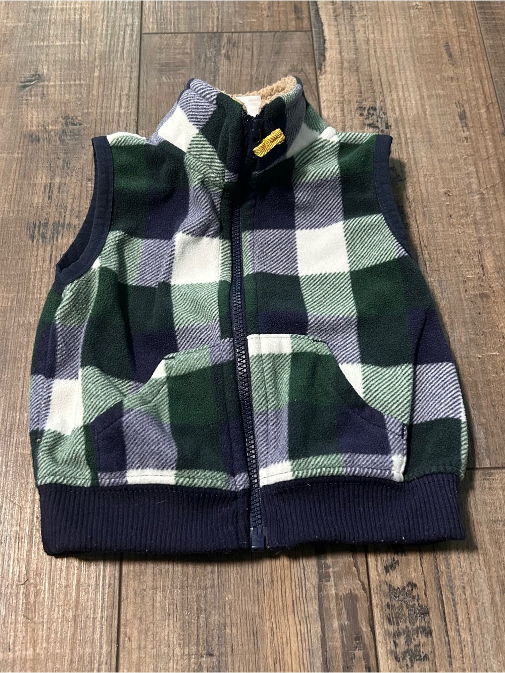 Carter's Baby Boys 6M Blue Green Plaid Fleece Vest Sherpa Collar Full Zip
